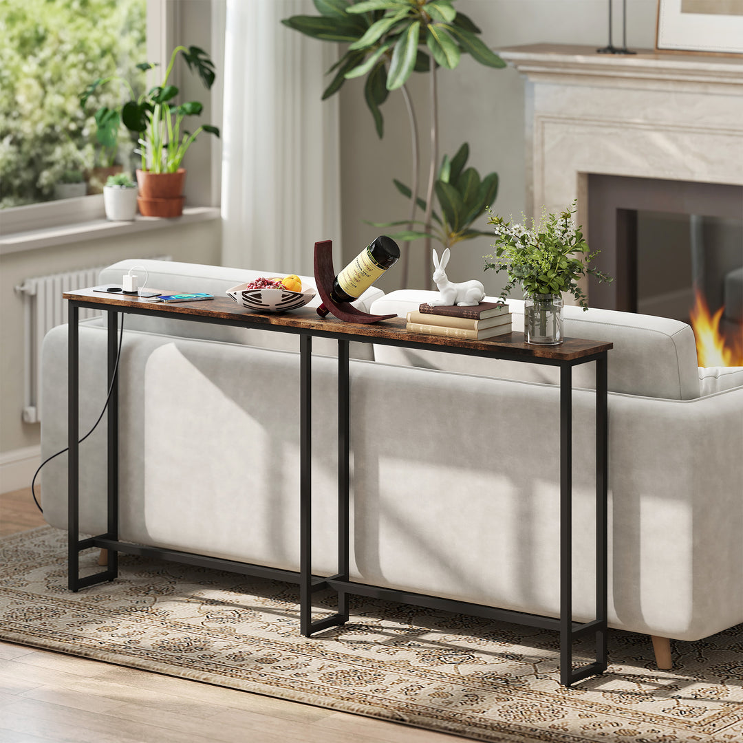 Slankt konsolbord med ladestation, industriel stil, stålstel, brun