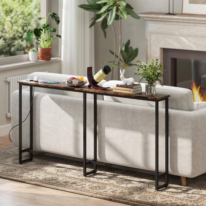 Slankt konsolbord med ladestation, industriel stil, stålstel, brun