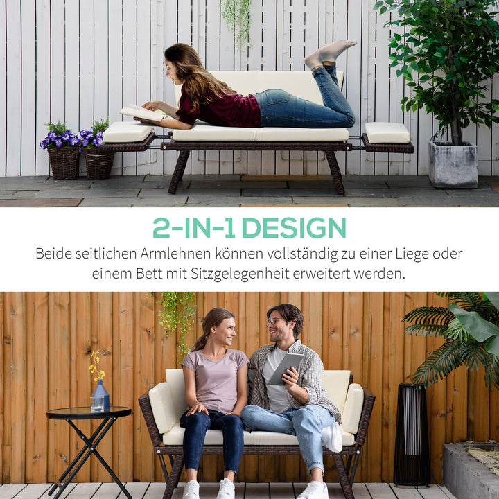 Polyrattan havesofa, 2-personers, havemøbler, loungesofa, havebænk, havelænestol, foldbar, armlæn i stål, brun, 129 x 63 x 67 cm
