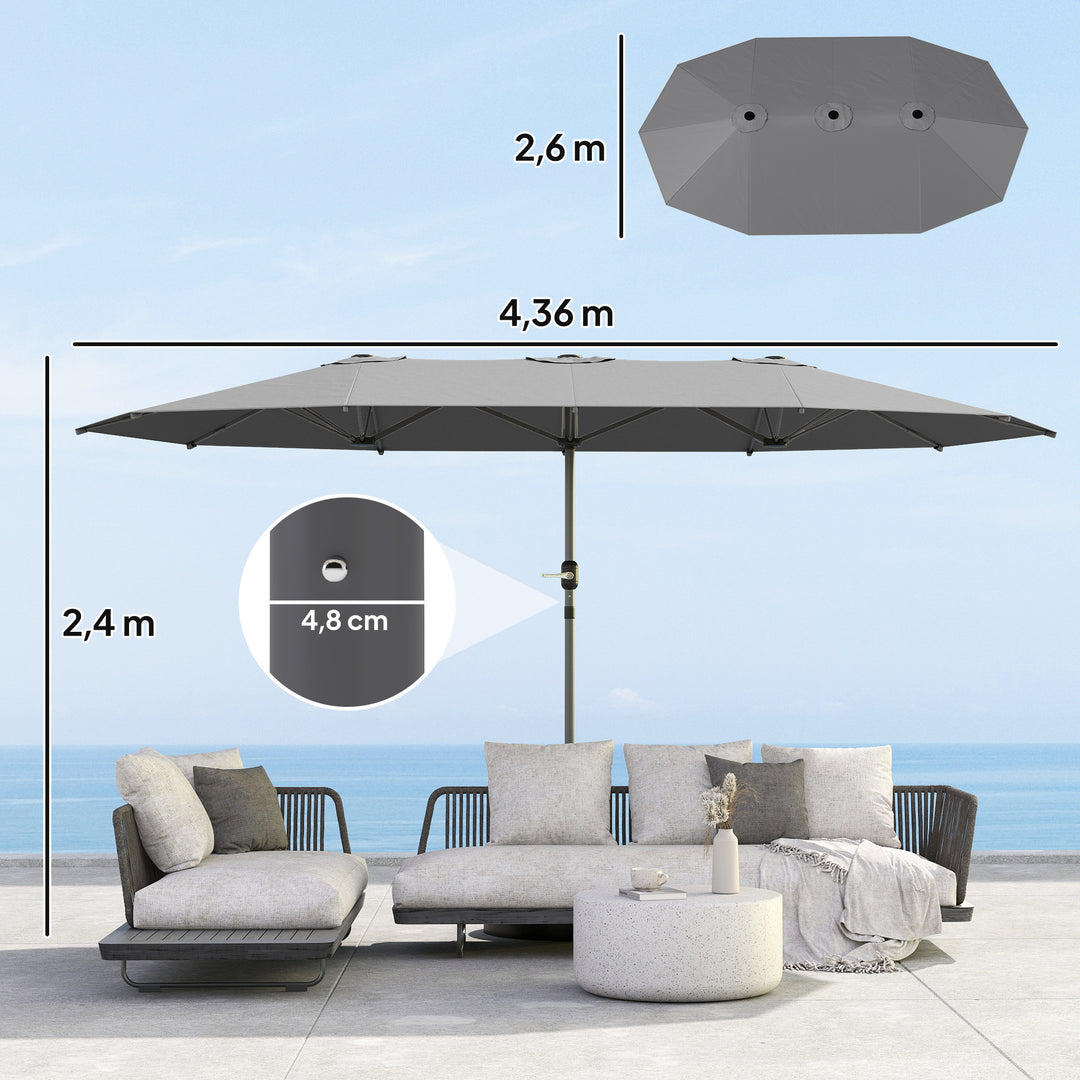 Dobbelt parasol 436 x 260 cm, UV-beskyttende stålparasol med håndsving, oval mørkegrå