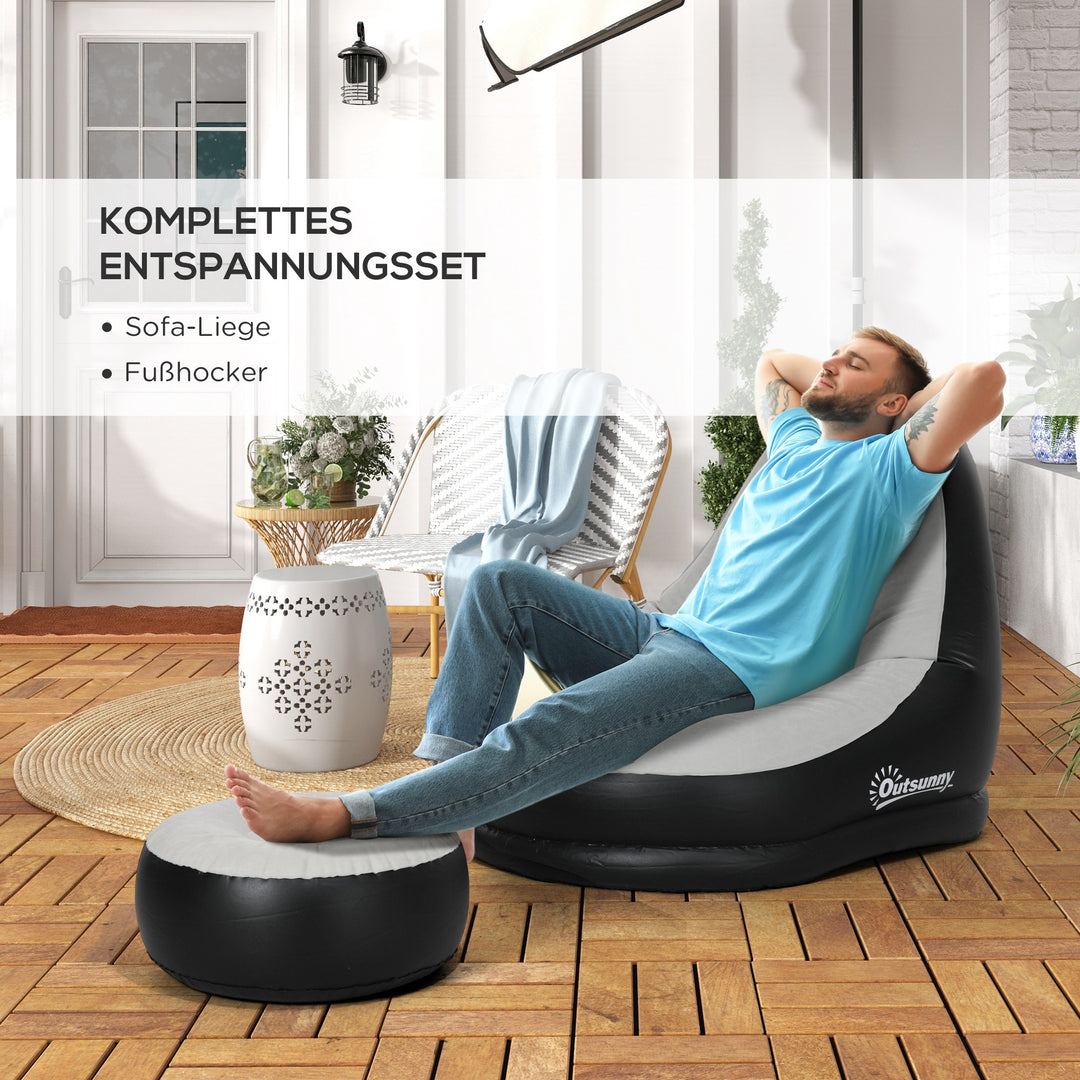 Oppustelig lænestol, luftstol, udendørs stol, 125 x 100 x 87 cm, grå + sort