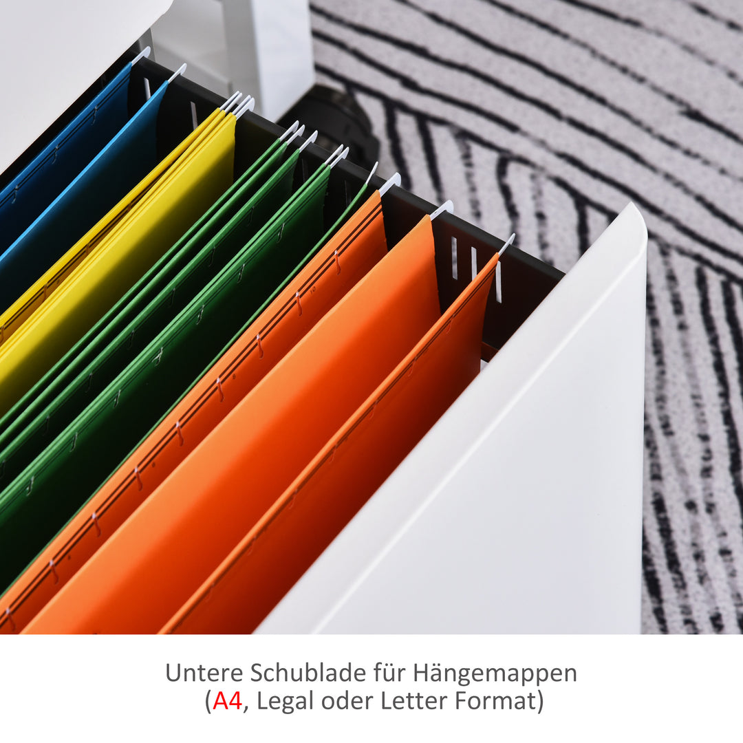 Arkivskab, mobil beholder, 3 skuffer og hængemapper, lås, stålkabinet, 39 x 48 x 59 cm, hvid + grå