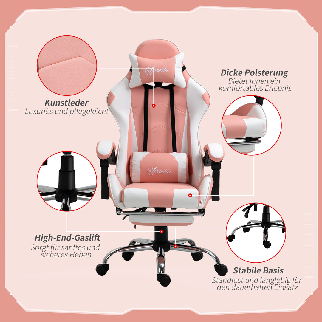 Gaming chair computerstol ergonomisk kontorstol gamerstol med nakkestøtte lændehynde kontorstol højdejusterbar 360° drejelig skum kunstlæder pvc pink+hvid 64 x 67 x 119-127 cm