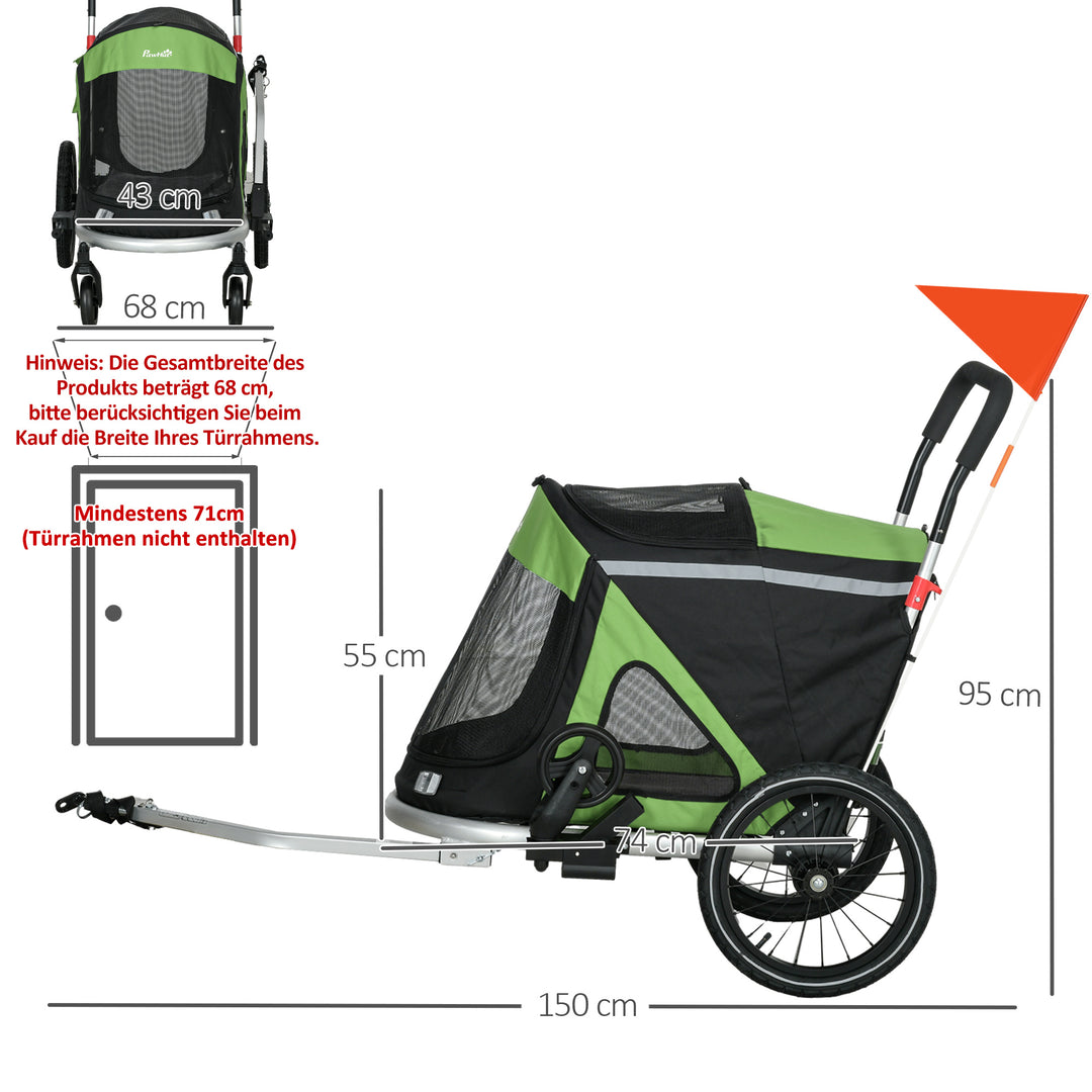 2-i-1 hundebåren/hundejogger/cykeltrailer op til 20 kg, 2 reflekser, 1 sikkerhedsline, 150 x 68 x 95 cm, grøn