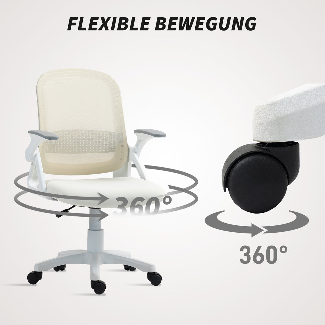 Åndbar netkontorstol, ergonomisk drejestol med foldbare armlæn og lændestøtte, hvid