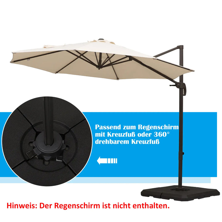 Parasolfod, 4-delt parasolstativ, kan fyldes med 80 kg vand eller 120 kg sand, HDPE, sort, 100 x 100 x 9,5 cm