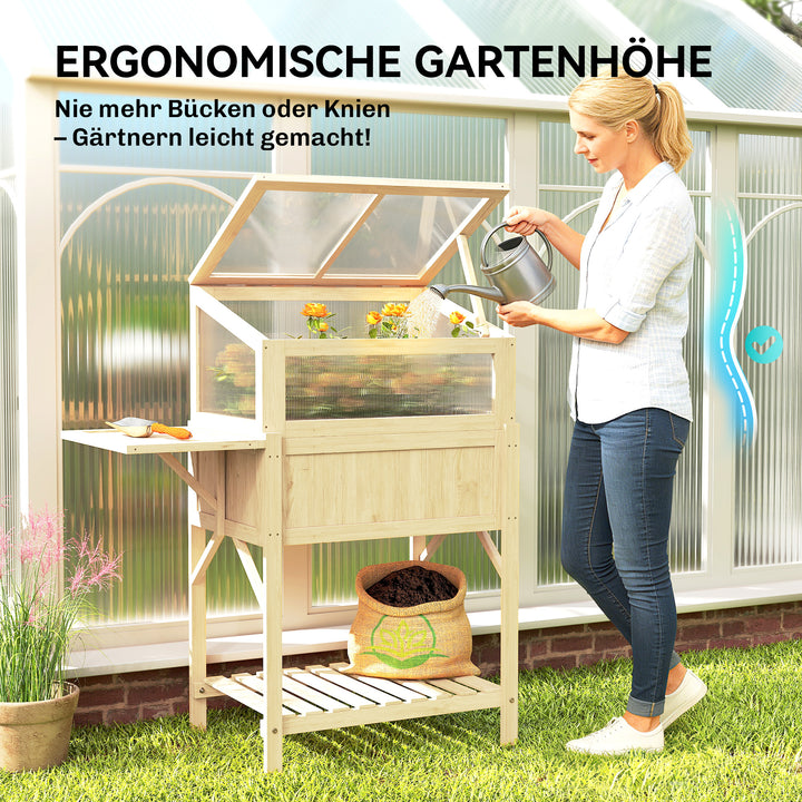 Højbed med kold ramme af træ, plantekasse med drivhus, foldbar, sidebord, opbevaringsrum, naturtræ