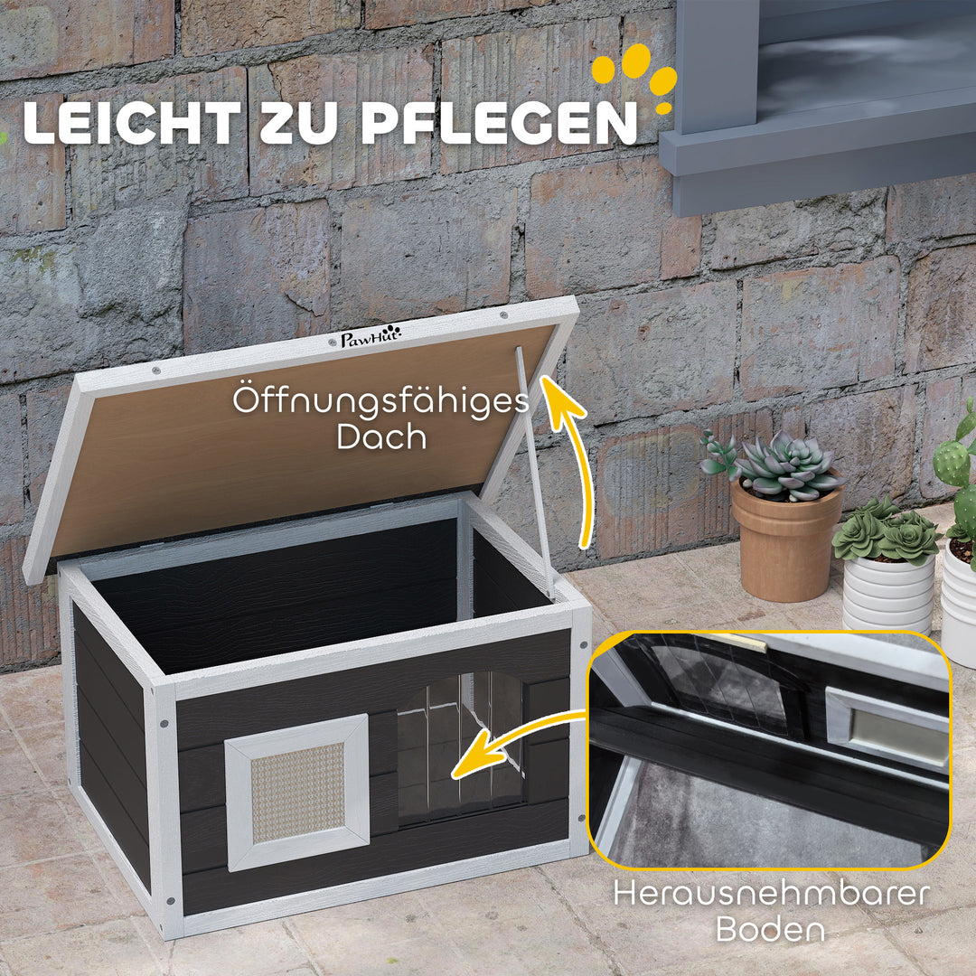 Kattehus, tilflugtssted for katte og kaniner, træhus med kradsemåtte, dørklap, 61 x 45 x 36,5 cm, grå