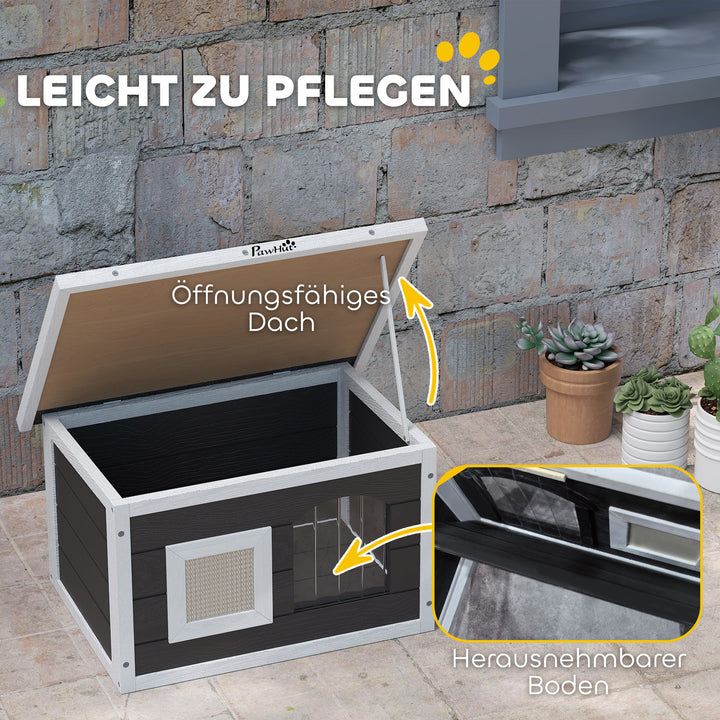 Kattehus, tilflugtssted for katte og kaniner, træhus med kradsemåtte, dørklap, 61 x 45 x 36,5 cm, grå