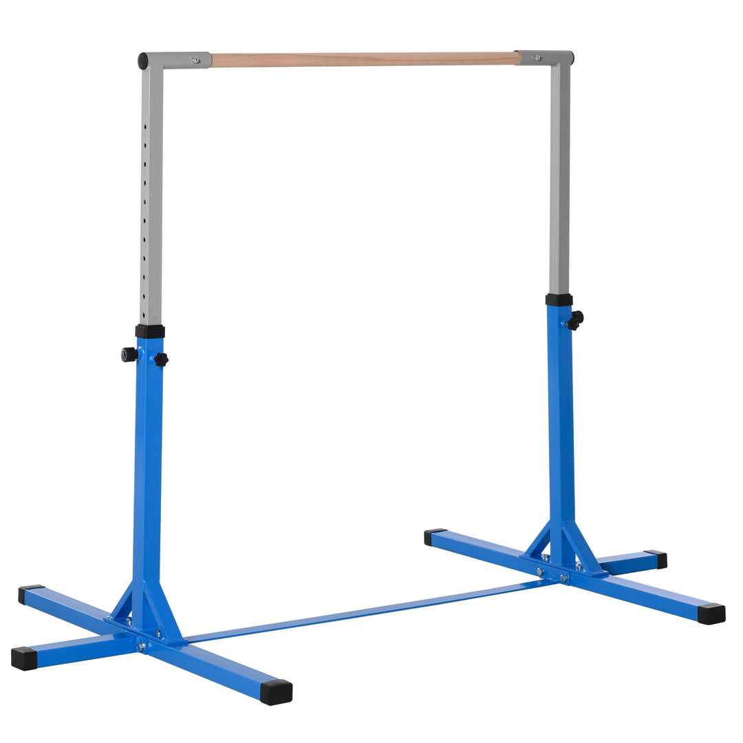 Gymnastikstang, 13 niveauer højdejusterbar, træ- og robust stålkonstruktion, lasteevne op til 75 kg, til 3+ børn, indendørs/udendørs, blå