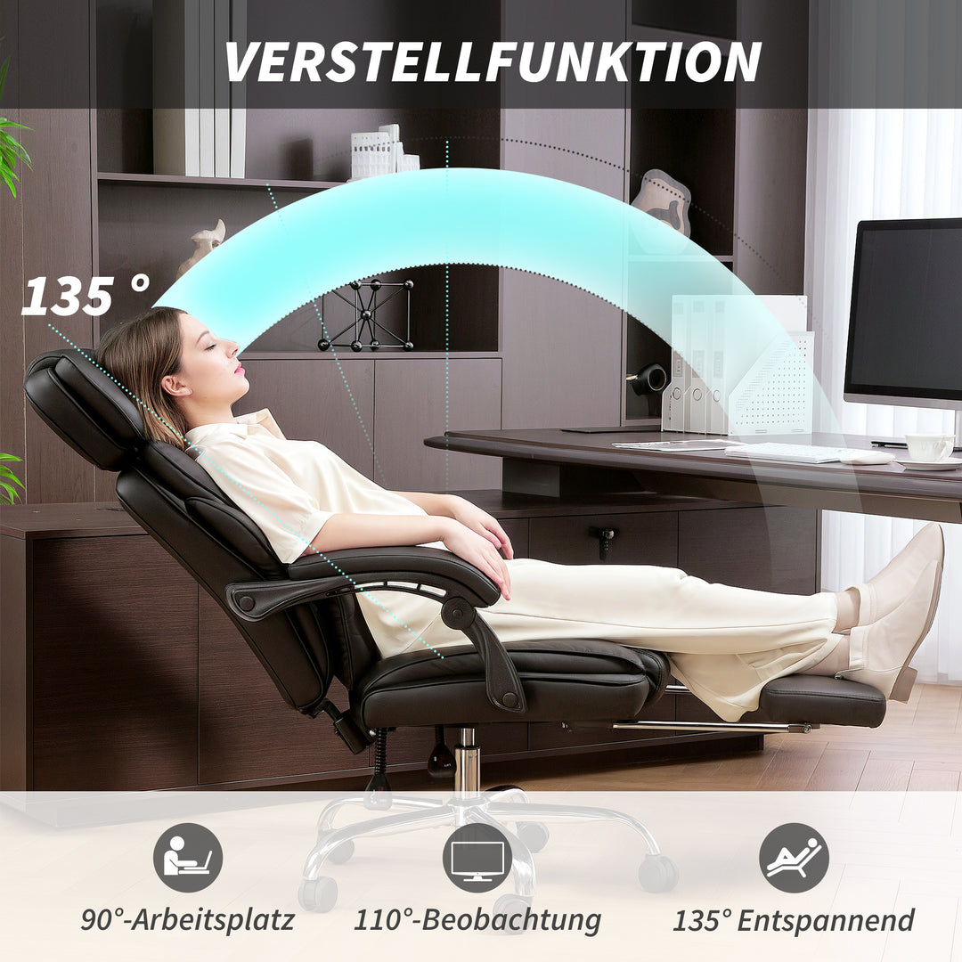 Kontorstol, ergonomisk højdejusterbar drejestol med lændestøtte, armlæn, fodstøtte, PU-læder, sort