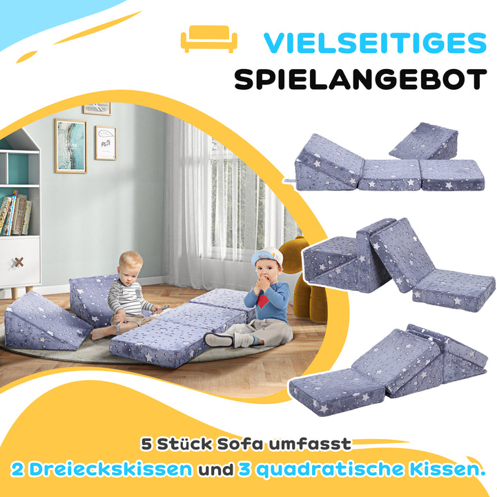 5-Delt modulært børnesofasæt med trappe og madras, pony- og stjernemønster, selvlysende, grå