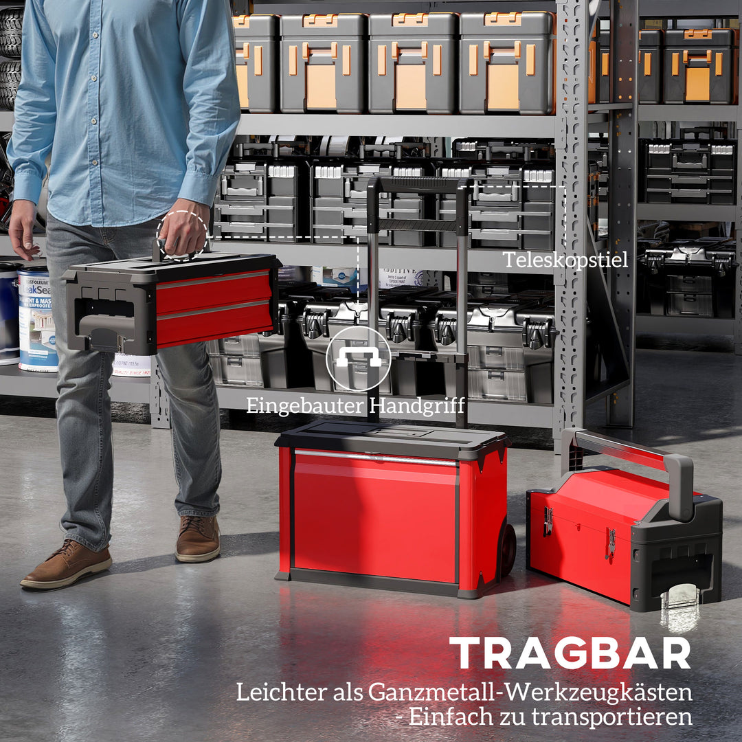 3-Lags værktøjskassesæt med hjul, sammenlåsning, stål, plastik