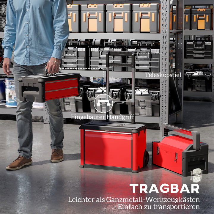 3-Lags værktøjskassesæt med hjul, sammenlåsning, stål, plastik