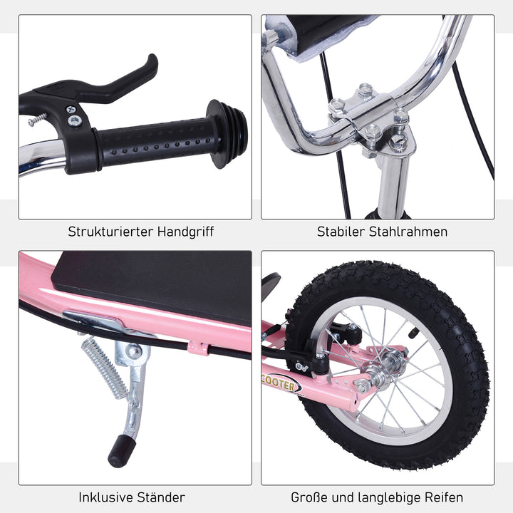 Børneløbehjul med luftgummidæk og håndbremse, 16 tommer højdejusterbart løbehjul til drenge og piger fra 5 år, pink løbehjul med kickboard