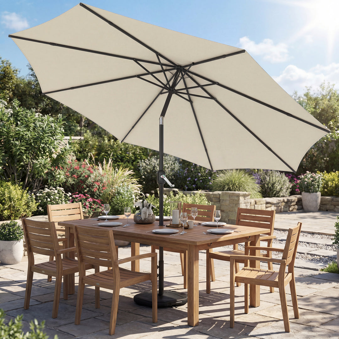 Parasol ca. Ø300 cm, vipbar balkonparasol med håndsving, krydsfod, sandsæk, UV 30+, udtrækkelig, cremehvid