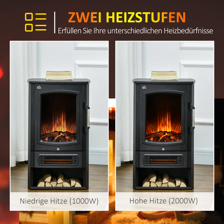 Elektrisk pejs, realistiske flammer, 2 varmeindstillinger, overophedningsbeskyttelse, stål, sort, 44,5 x 32 x 74 cm