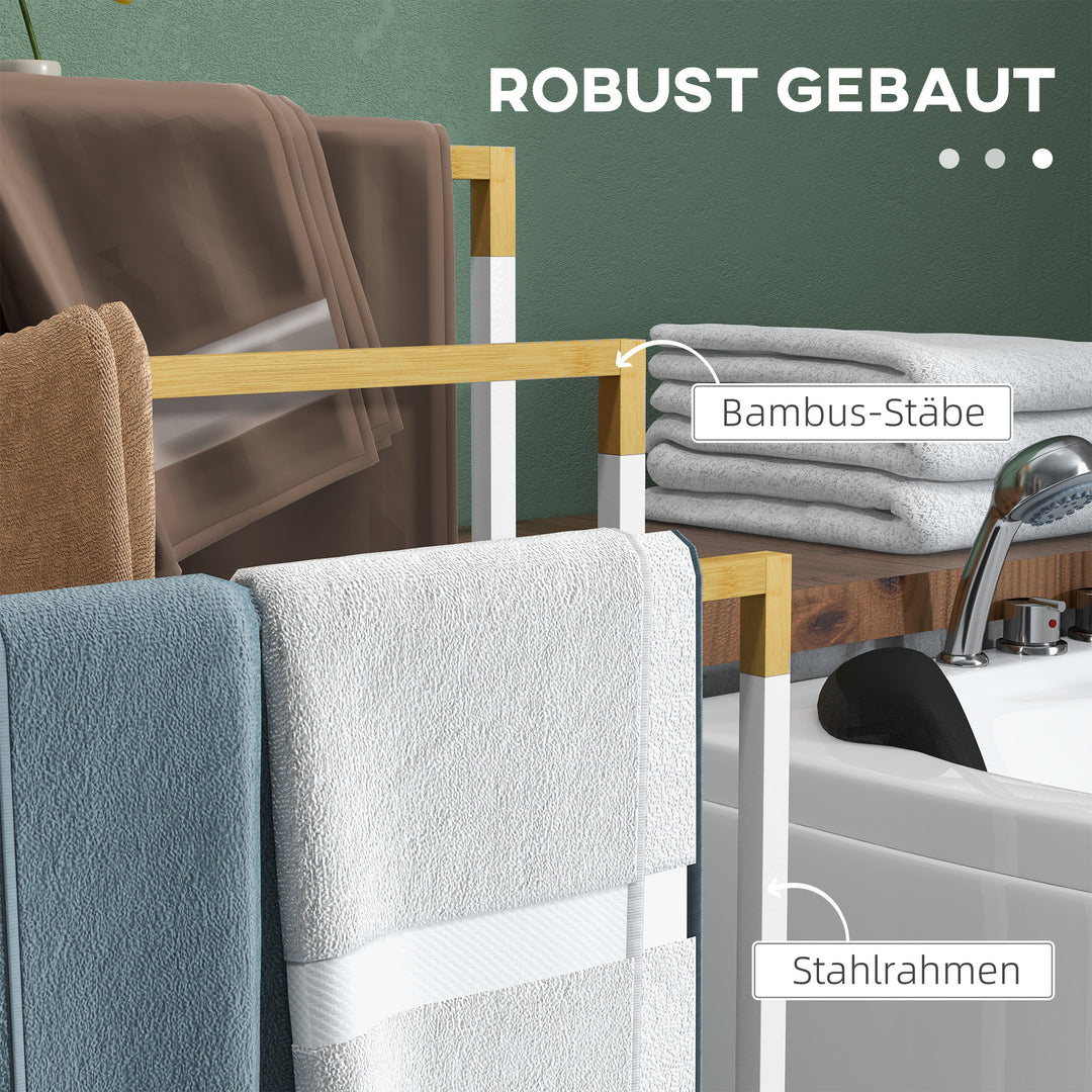Håndklædeholdersæt med 3 håndklædestænger, industrielt design, bambus, 45 x 22,5 x 86 cm, hvid + naturfarvet