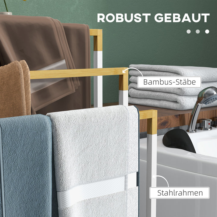 Håndklædeholdersæt med 3 håndklædestænger, industrielt design, bambus, 45 x 22,5 x 86 cm, hvid + naturfarvet