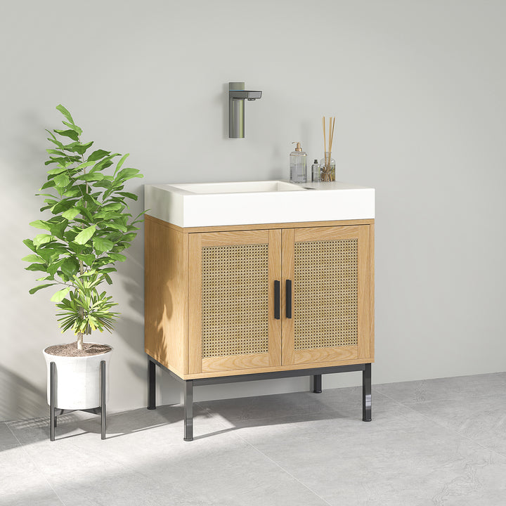 Badeværelsesskab, boho design, badeværelsesskab, rattanelementer, med u-snit, eg