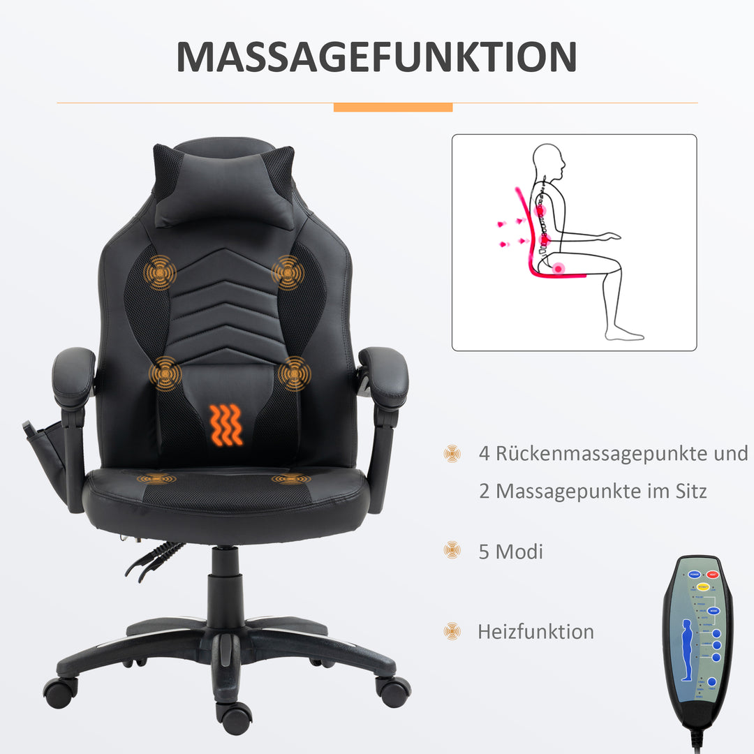 Kontorstol massagestol massagefunktion med 6 vibrationspunkter ergonomisk gamingstol med varmefunktion kunstlæder sort 68 x 69 x 108-117cm