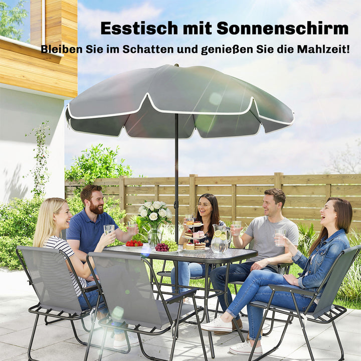 Havemøbelsæt, siddegruppe, 119 x 68 cm, glasbord med 6 klapstole, parasol, vandbølgemønster, grå