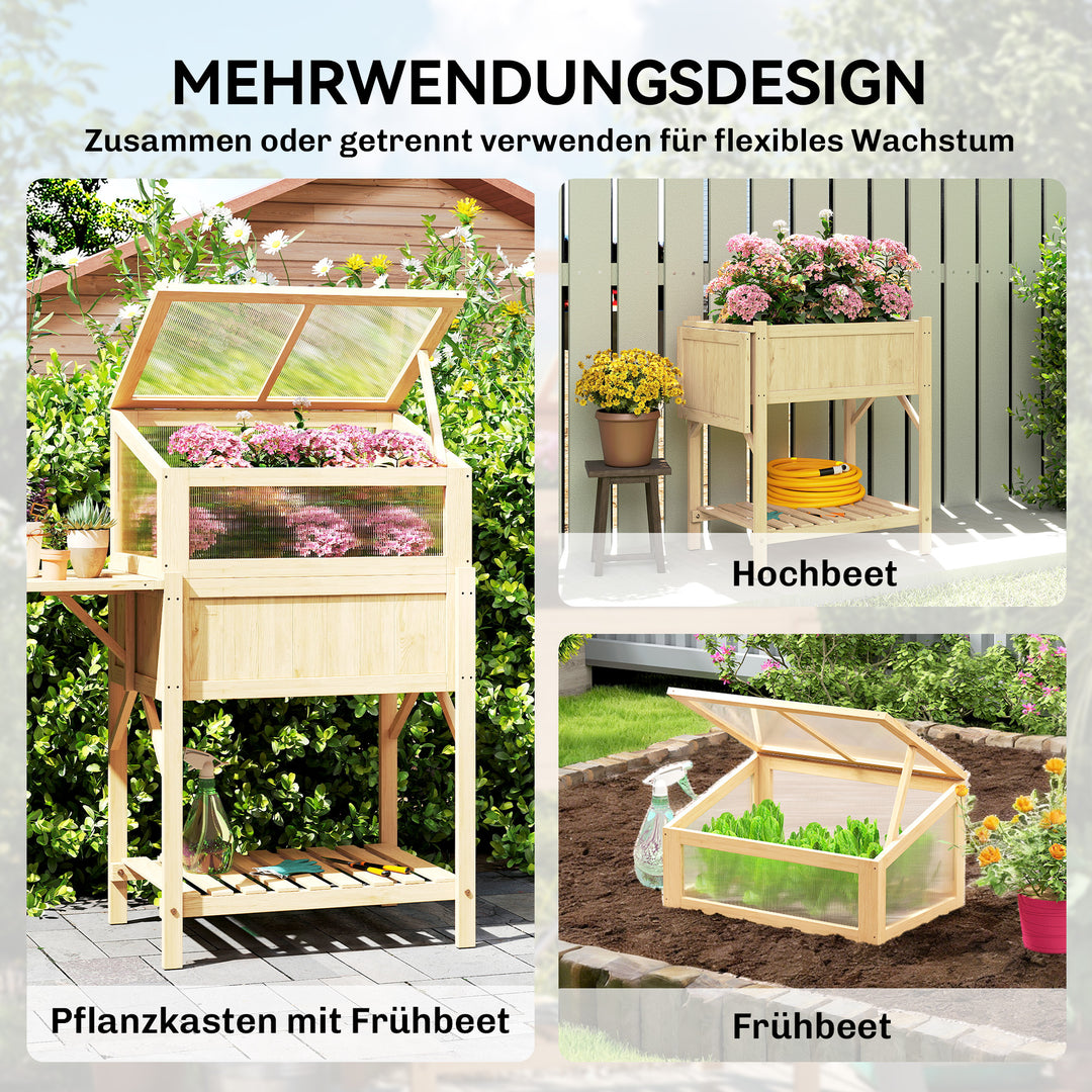 Højbed med kold ramme af træ, plantekasse med drivhus, foldbar, sidebord, opbevaringsrum, naturtræ