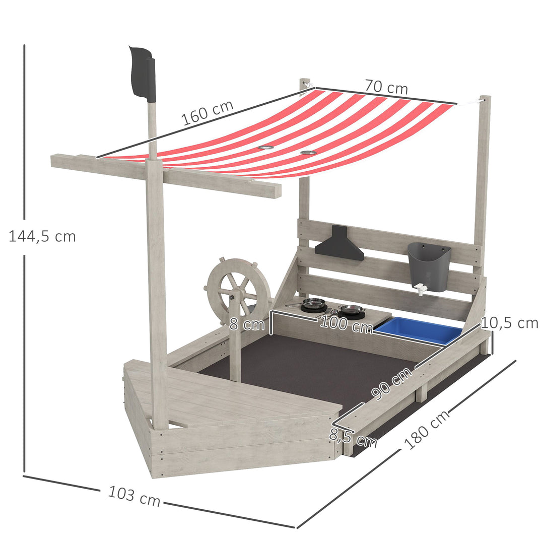 Sandkasse med soltag, piratskib, inklusive børnekøkkenlegesæt, massivt træ, 180 x 103 x 144,5 cm, grå