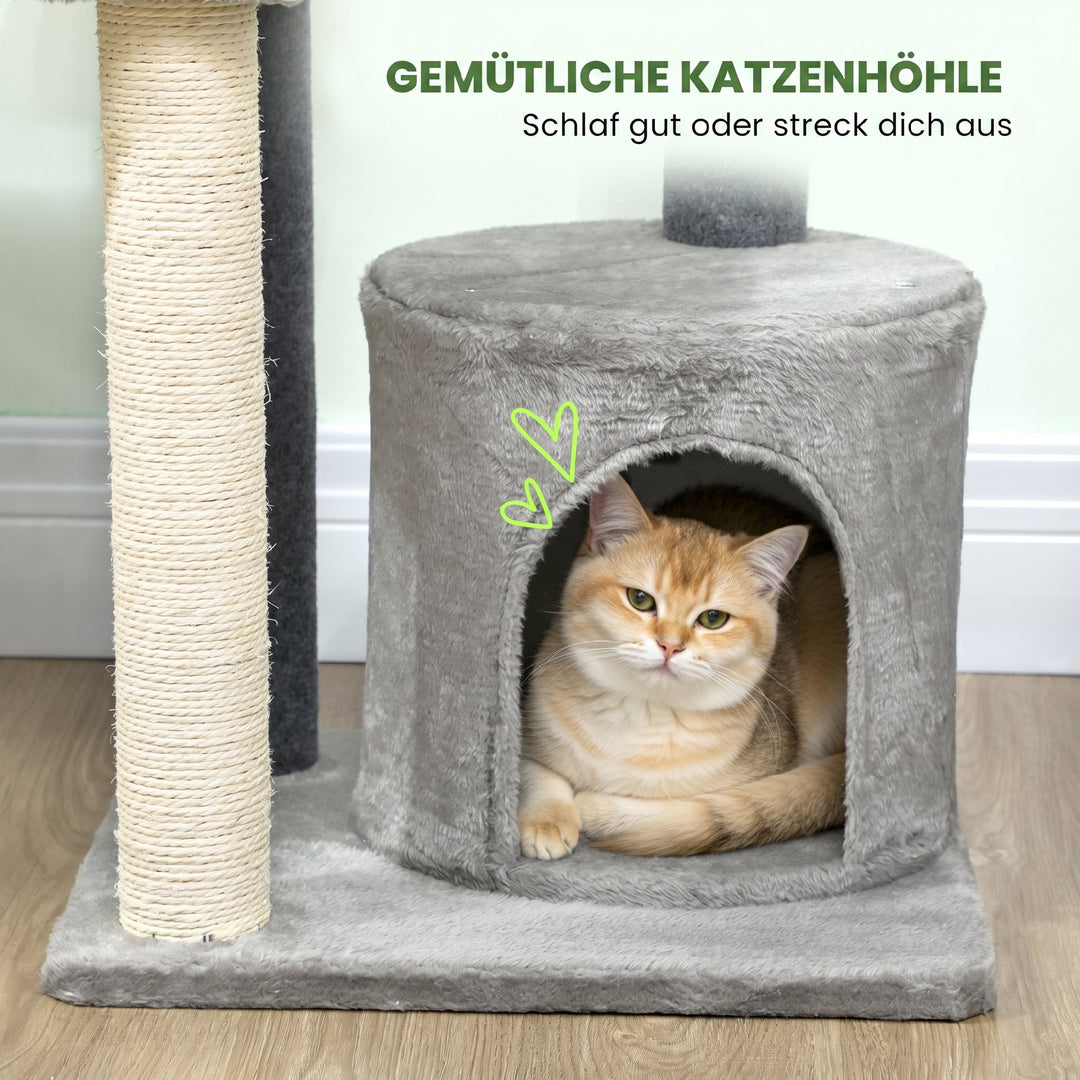 Kradsetræ 103 cm med kattehule, platforme, sisal kradsetræer, plysbold til katte op til 5 kg, grå