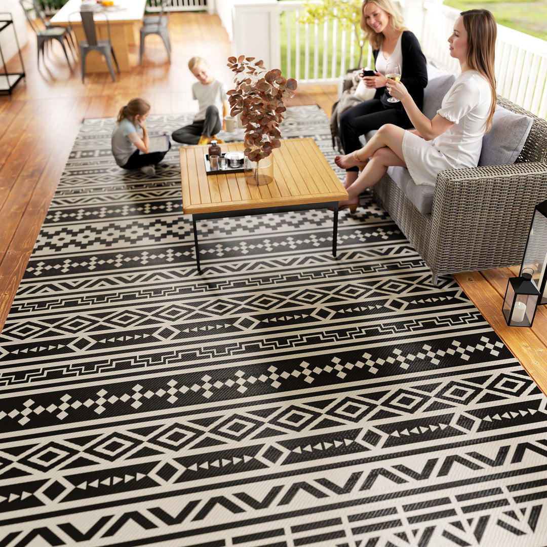 Udendørstæppe, robust vejrbestandigt udendørstæppe, tæppe med boho-stil, udendørstæppe til stue-altan