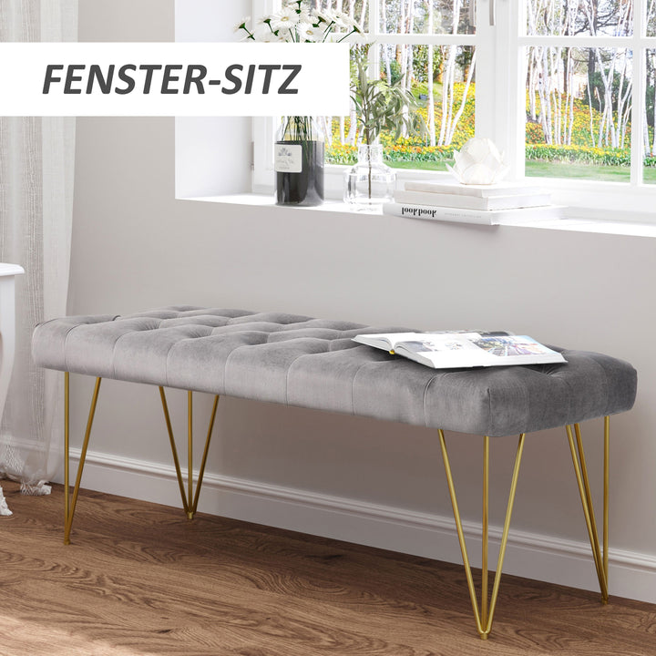 Bænk polstret bænk klaverbænk skobænk med fløjlslook sengebænk klaverbænk til soveværelse, stue, entré, metalgrå 116 x 44,5 x 49 cm