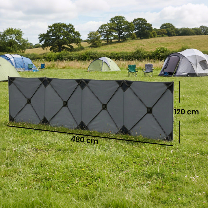 Sammenklappelig læhegn/campingskærm med barduner, jordpløkker og bæretaske til camping og havebrug, 480 x 120 cm, mørkegrå