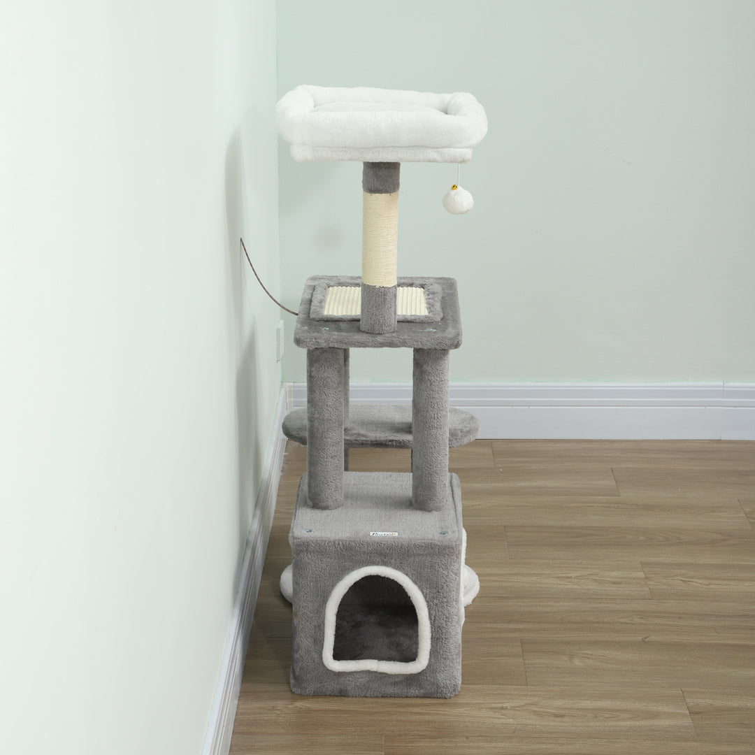 Kradsetræ 107 cm kattetårn med hule, 2 plysbolde, sisalstolper, stor platform, 55x40x107 cm, grå