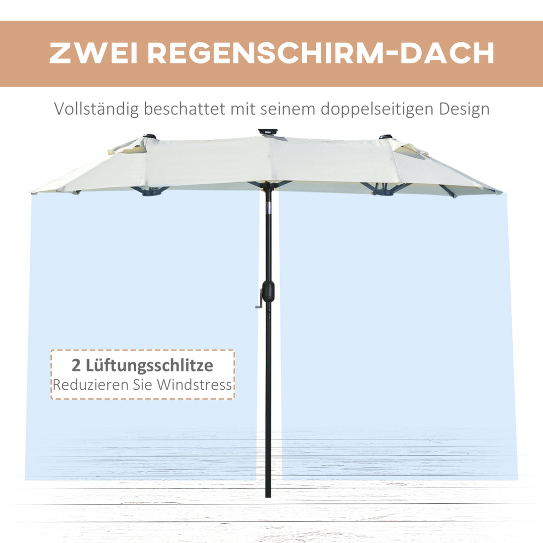 Dobbelt parasol, terrasseparasol, vipbar, med solpanel, 35 LED'er, stålramme, beige, 2,92 x 1,50 x 2,18 m