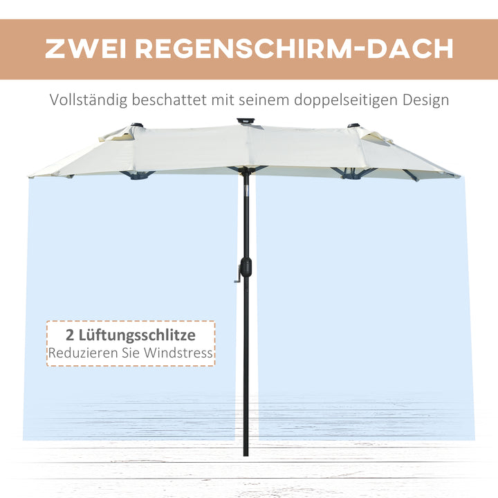 Dobbelt parasol, terrasseparasol, vipbar, med solpanel, 35 LED'er, stålramme, beige, 2,92 x 1,50 x 2,18 m