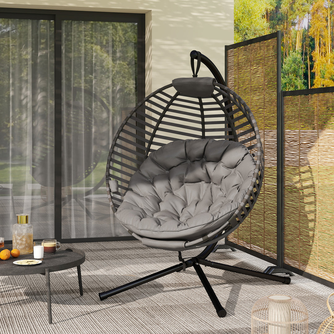 Hængestol med ramme, ægformet hængegynge med bløde sædehynder, grå