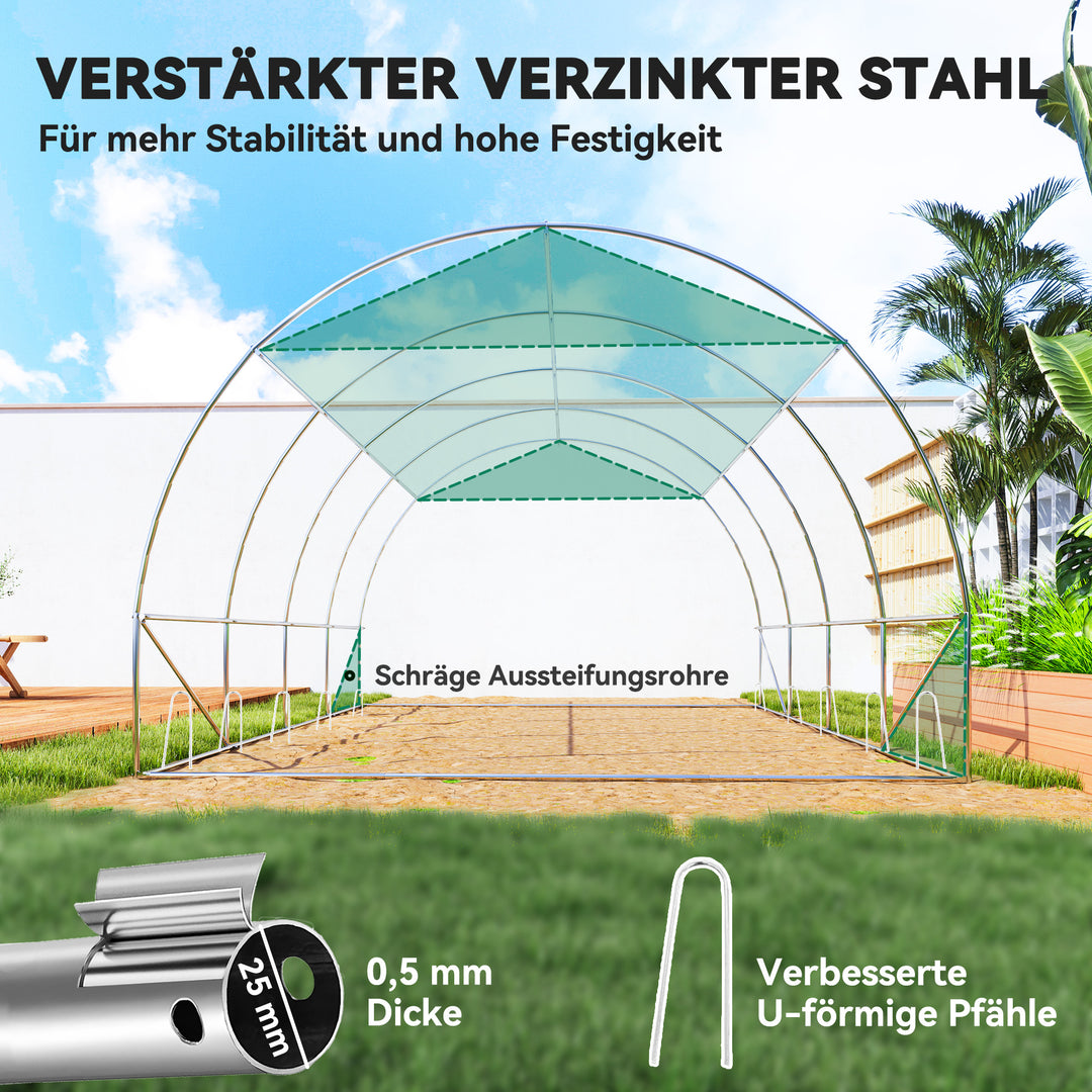 4 x 3 x 2 m polytunnel drivhus med solnet, rullelige sidevægge, plastikdæksel, stålramme, grøn