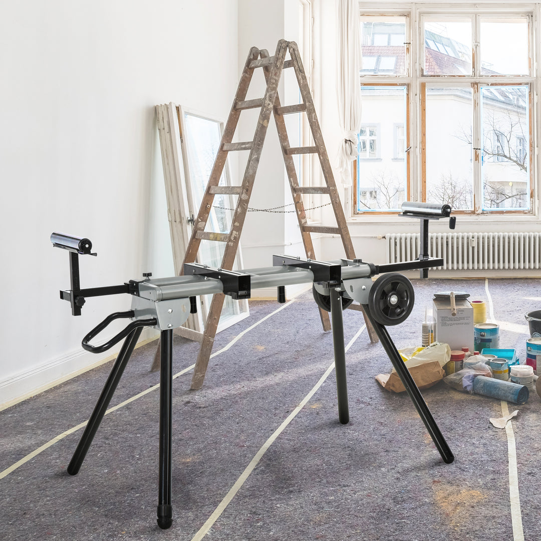 Bundramme til geringssave, arbejdsbord til gerings- og tværsave, savramme, geringssav, stål, sort + sølv, sideforlænger 123,5-245 cm