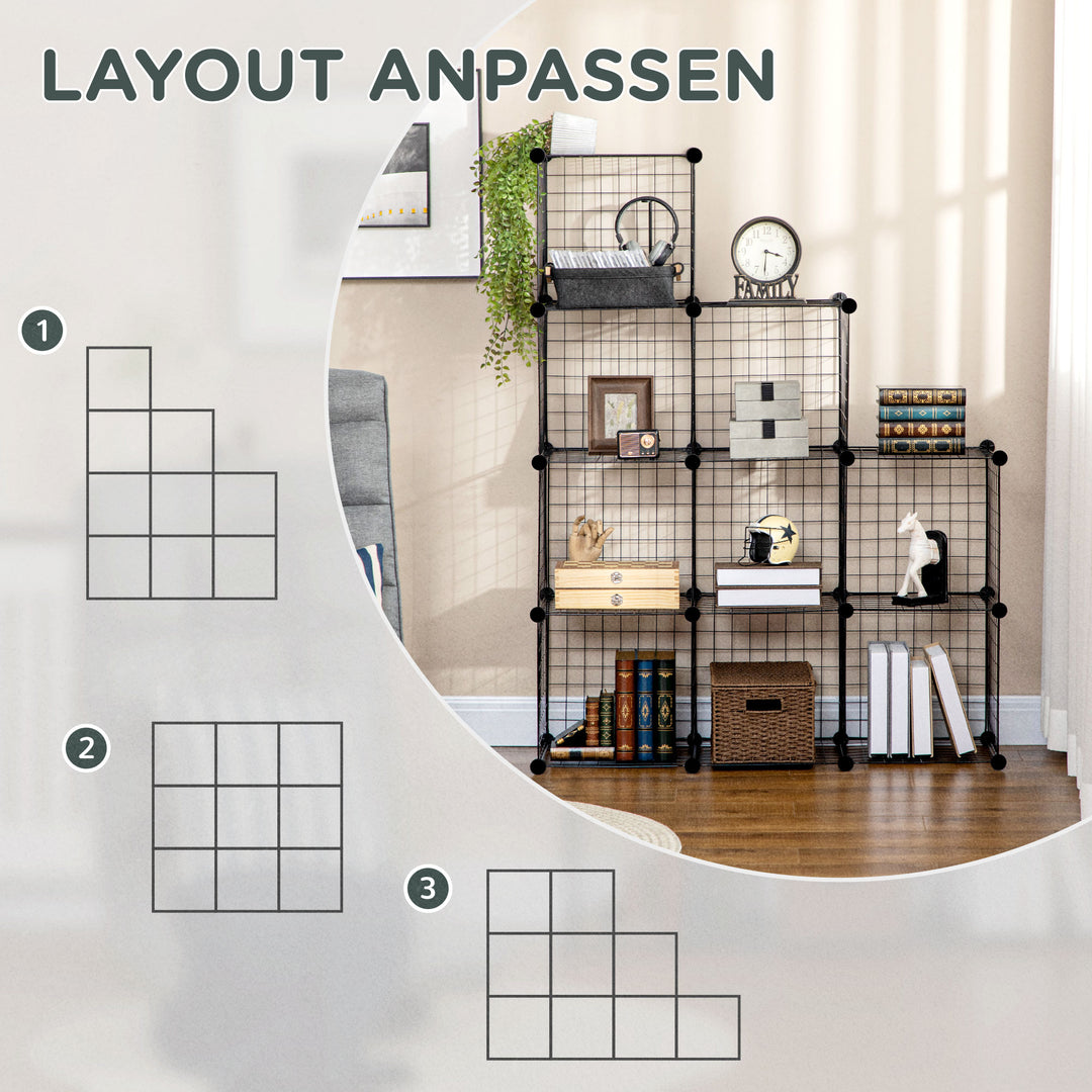 Reol, kubehylde, skohylde, 9 kuber, modulær konstruktion, stål, sort, 35 x 35 x 35 cm pr. kube