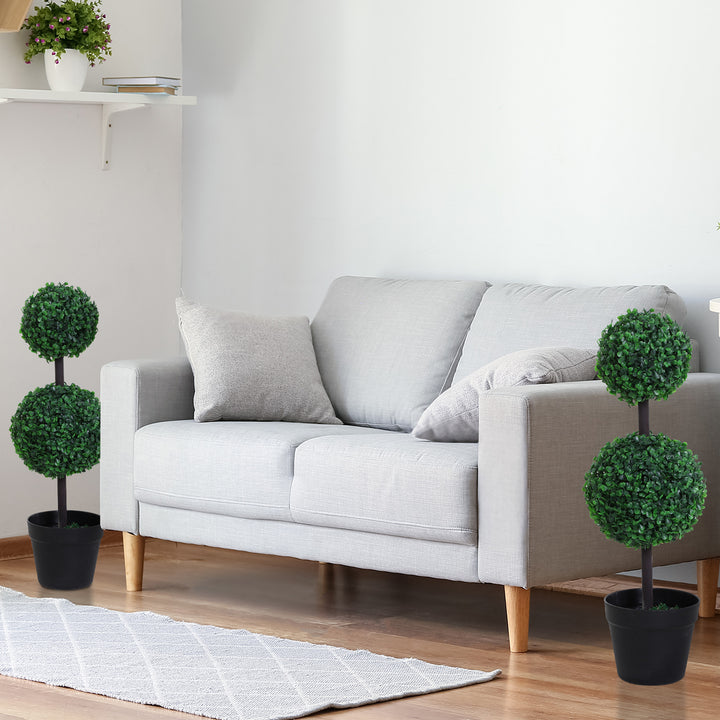 Sæt med 2 kunstige planter, kunstige planter i kugledesign, kunstigt træ i cementpotte, plastikplante, grøn+sort