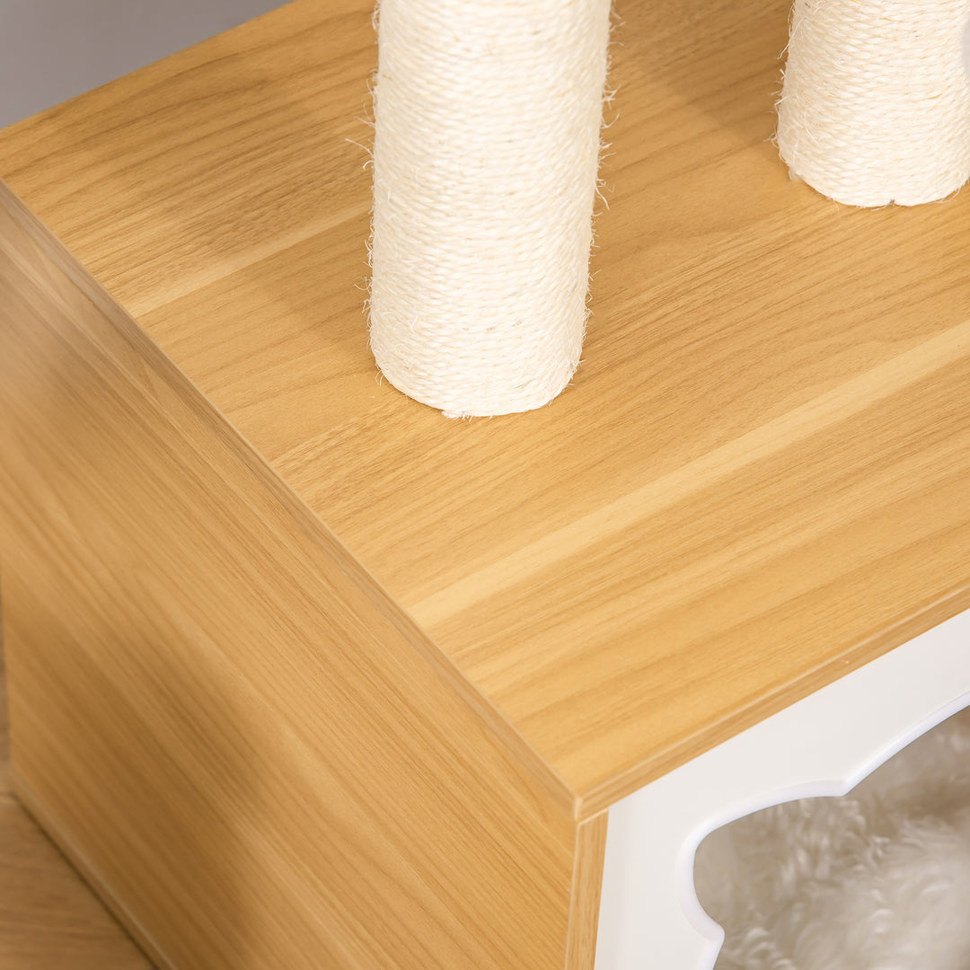 Kattehule med 2 bløde hynder, kradsetræ med katteseng, legetøjsbold, kattehus, sisal naturfarvet 35 x 35 x 81 cm