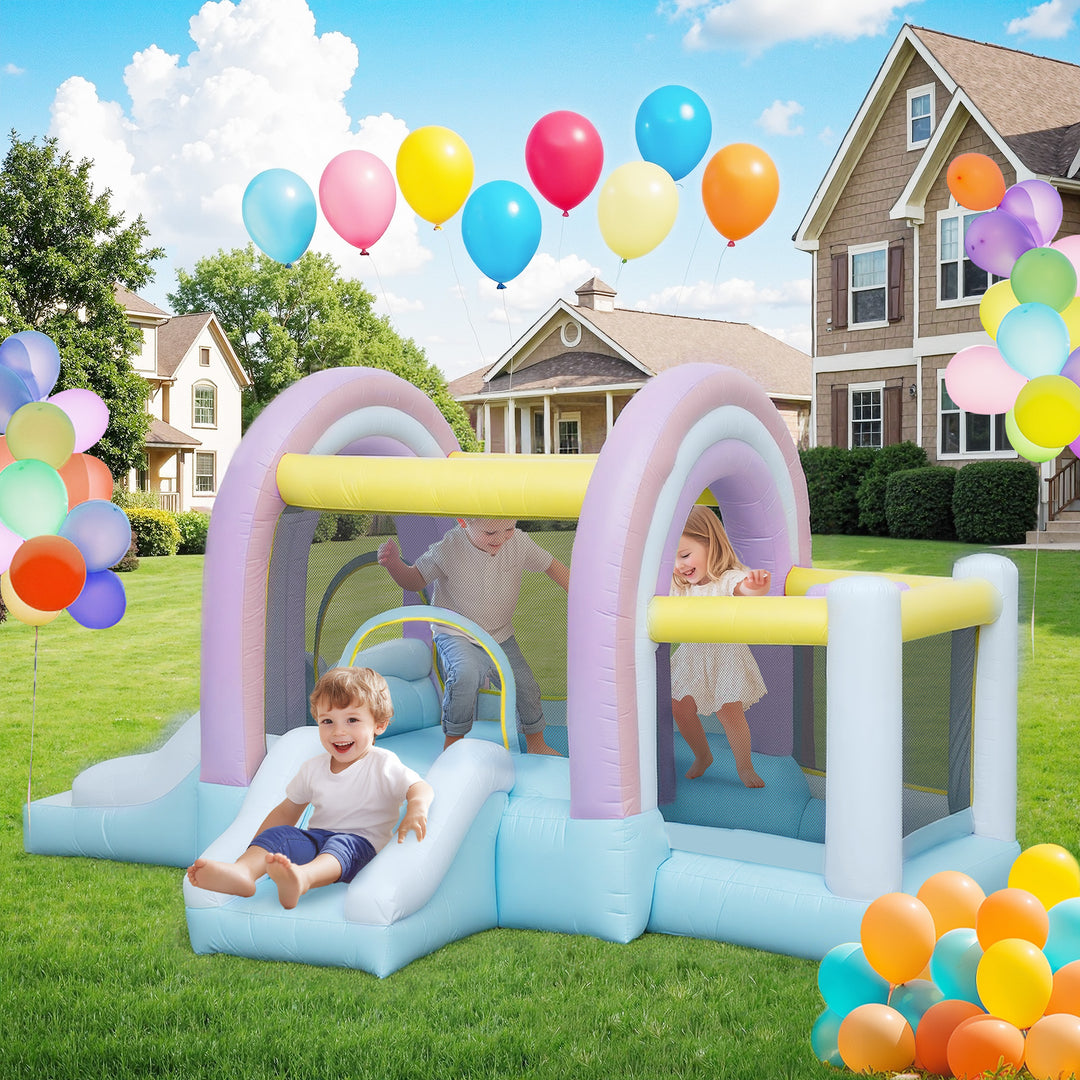 Hoppeborg, boldbassin, 2 rutsjebaner, oxfordstof, uv-bestandig, blæser, farverig
