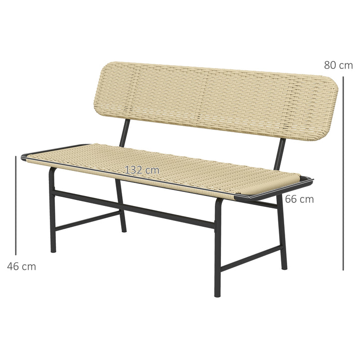 Udendørsbænk til 2 personer, kunstig rattan, rustfri metalramme, 132 x 66 x 80 cm, khaki
