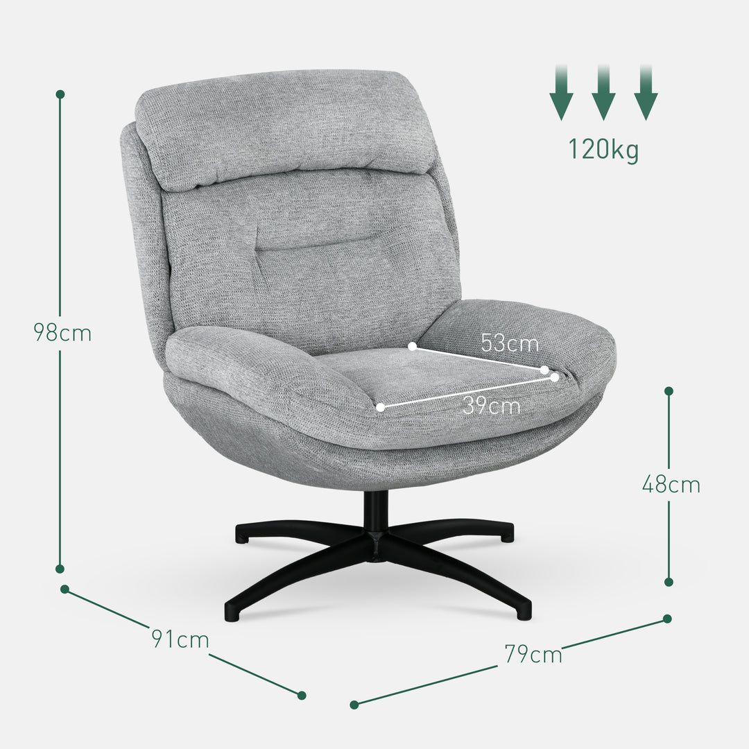 Drejestol, 360-graders rotation, chenille-stof, integrerede armlæn, stålben, grå, sort