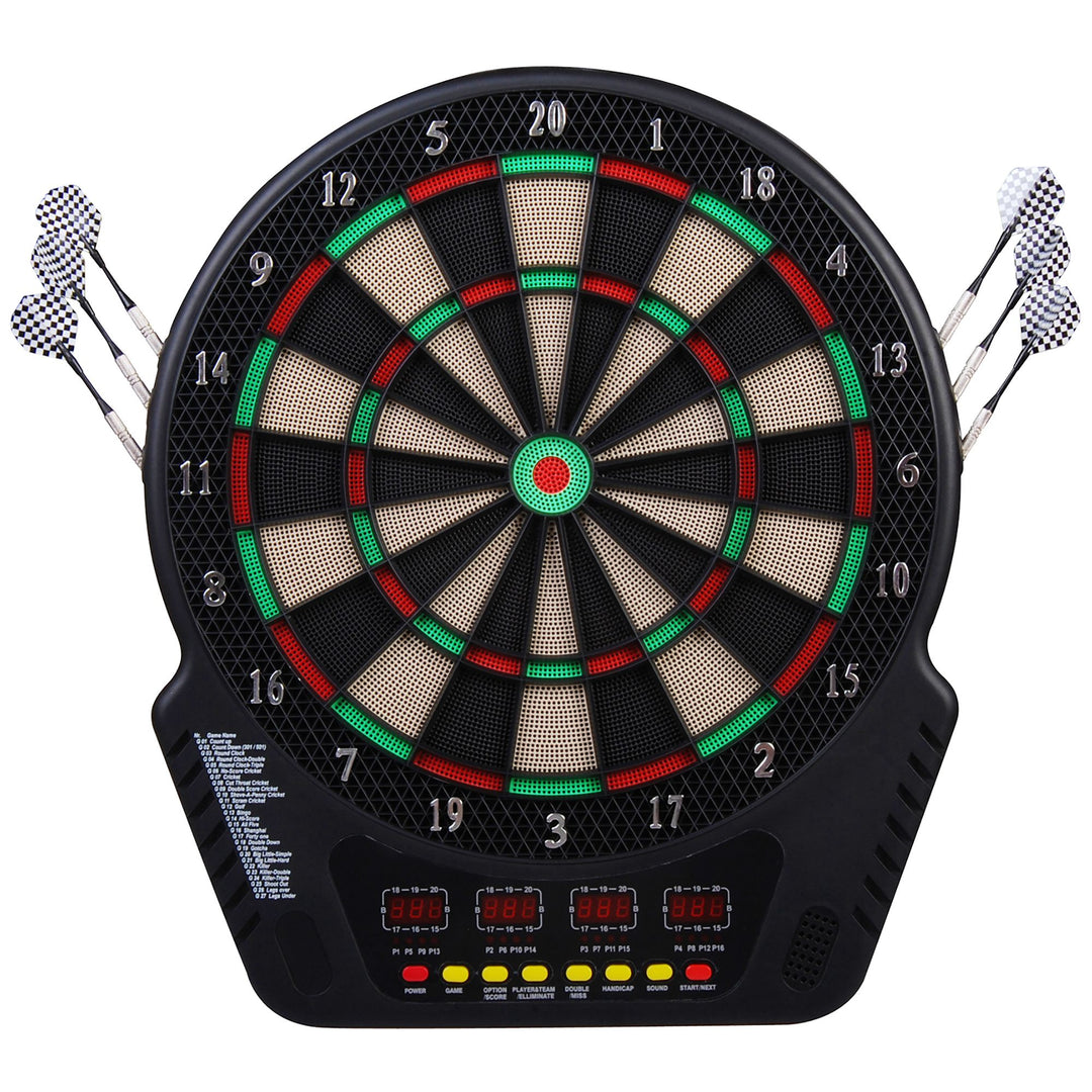 Elektronisk dartskivesæt med LED-display, automatisk scoring, lydeffekter, 6 pile, 24 pilhoveder, 27 spil og 243 scoringsmuligheder til 16 spillere, 44 x 51,5 x 3,2 cm