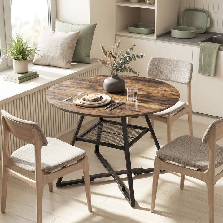 Spisebord til 4 personer, 100 cm rundt industrikøkkenbord med hylde, bordplade i trælook, rustik brun
