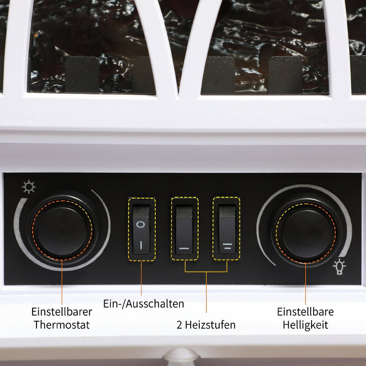 Elektrisk pejs med varmelegeme, LED-flammeeffekt, 1000/2000W, hvid