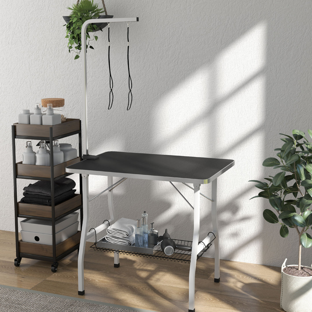 Hundetrimmebord med justerbar arm og opbevaringsrum, gummioverflade, 90 x 60 x 76 cm, sort