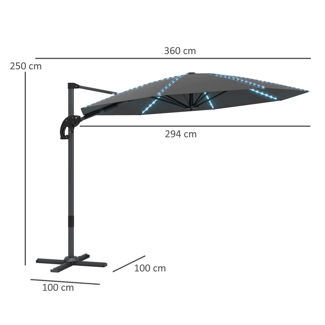 Aluminiums cantilever parasol led solcelle 300 cm højdejusterbar parasol med håndsving uv50+ mørkegrå