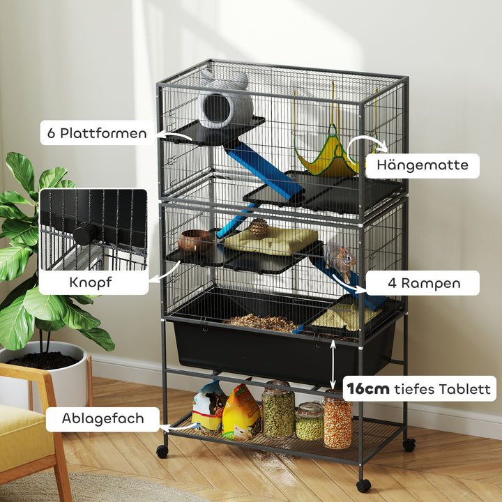Bur til små dyr, kæledyrsbur med 5 niveauer, skridsikre ramper, hængekøje, 88 x 48 x 150,5 cm, mørkegrå